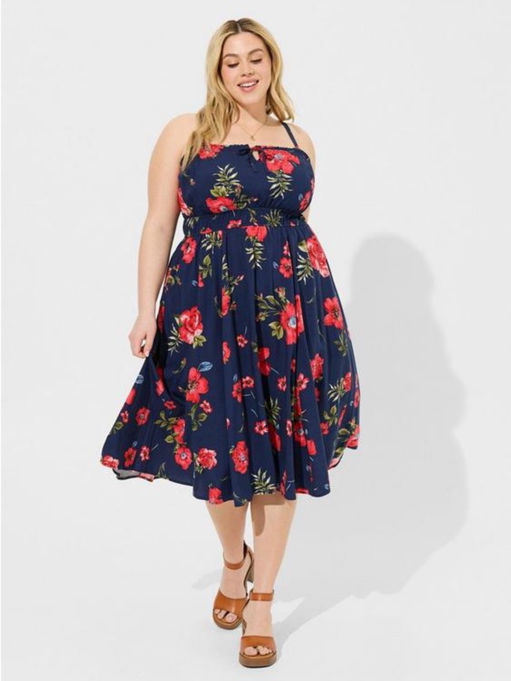 torrid Navy Floral Midi Dress with Red Bloom Print